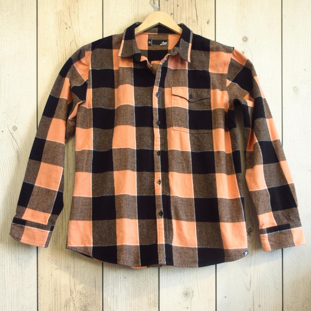 Lost Enterprises Flannel Shirt Mens XL Orange Black Buffalo Plaid Skate Surf